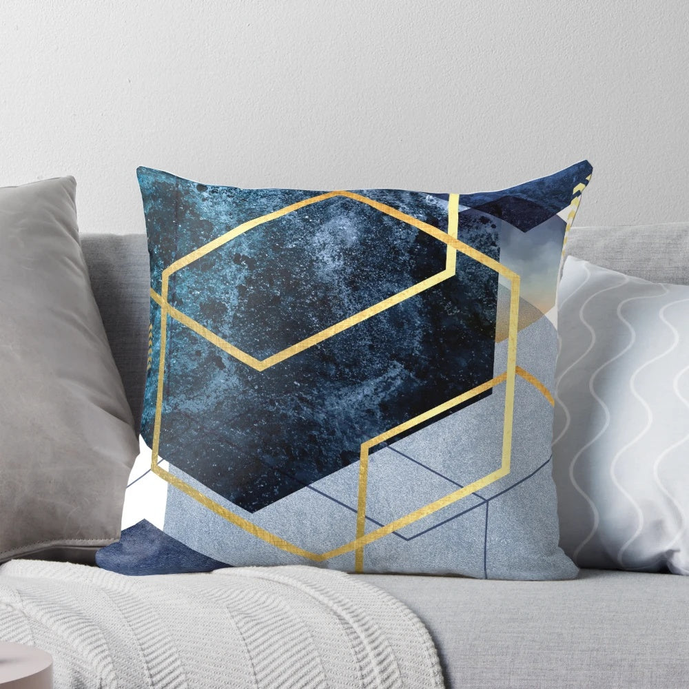 Navy and gold geometric pattern decorative throw pillow
