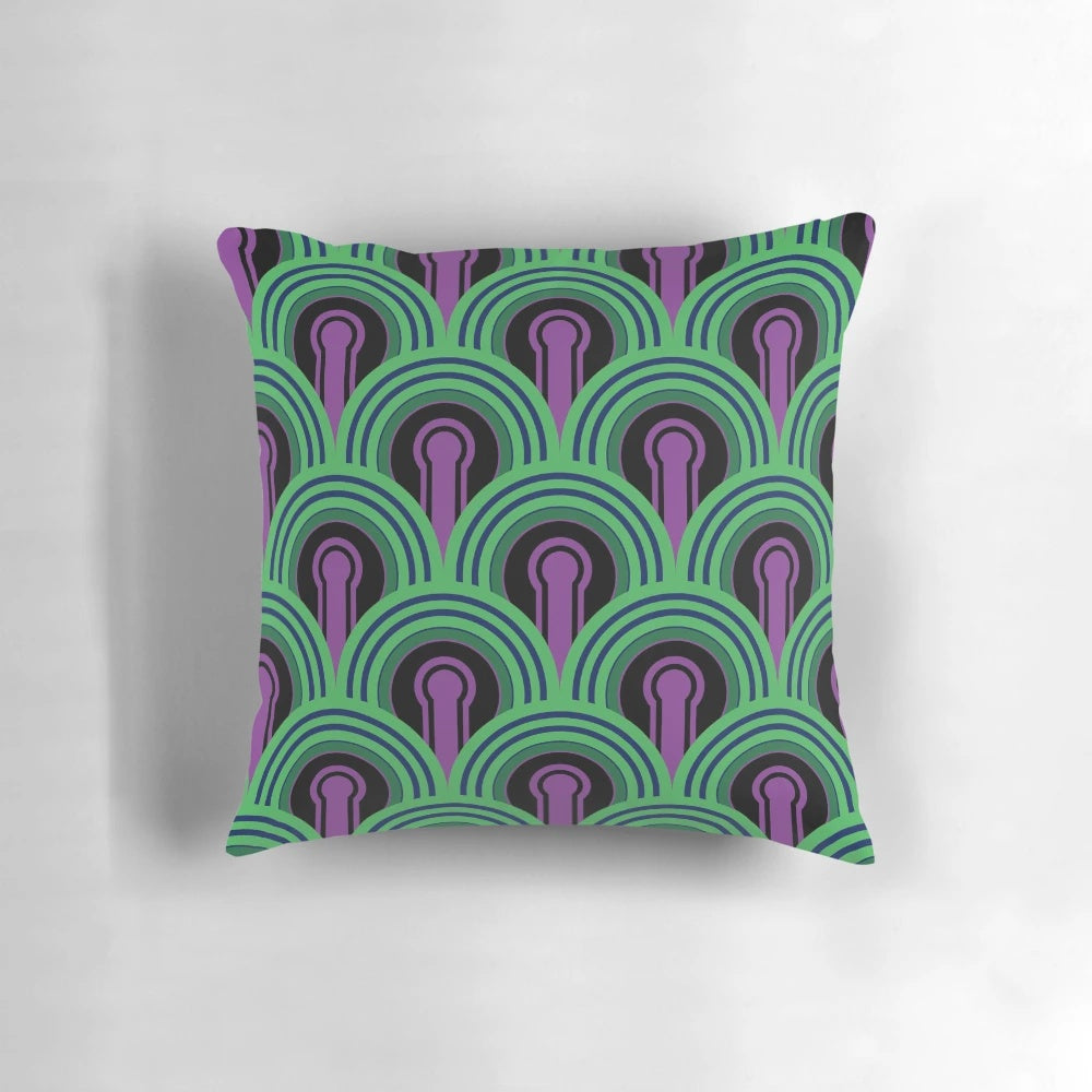 Geometric pattern keyhole arch green pillow with film and hotel influences