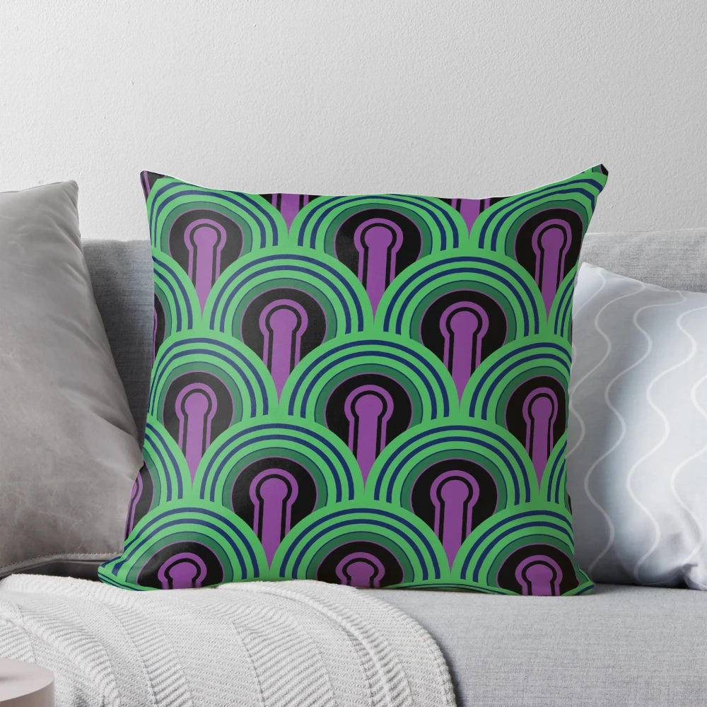 Geometric pattern keyhole arch green pillow with film and hotel influences