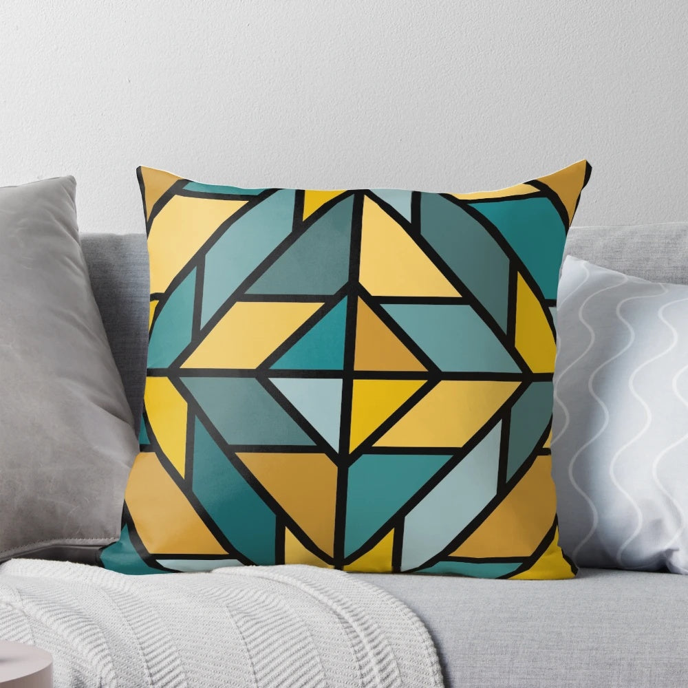 Geometric pattern mustard yellow and teal tiles decorative throw pillow