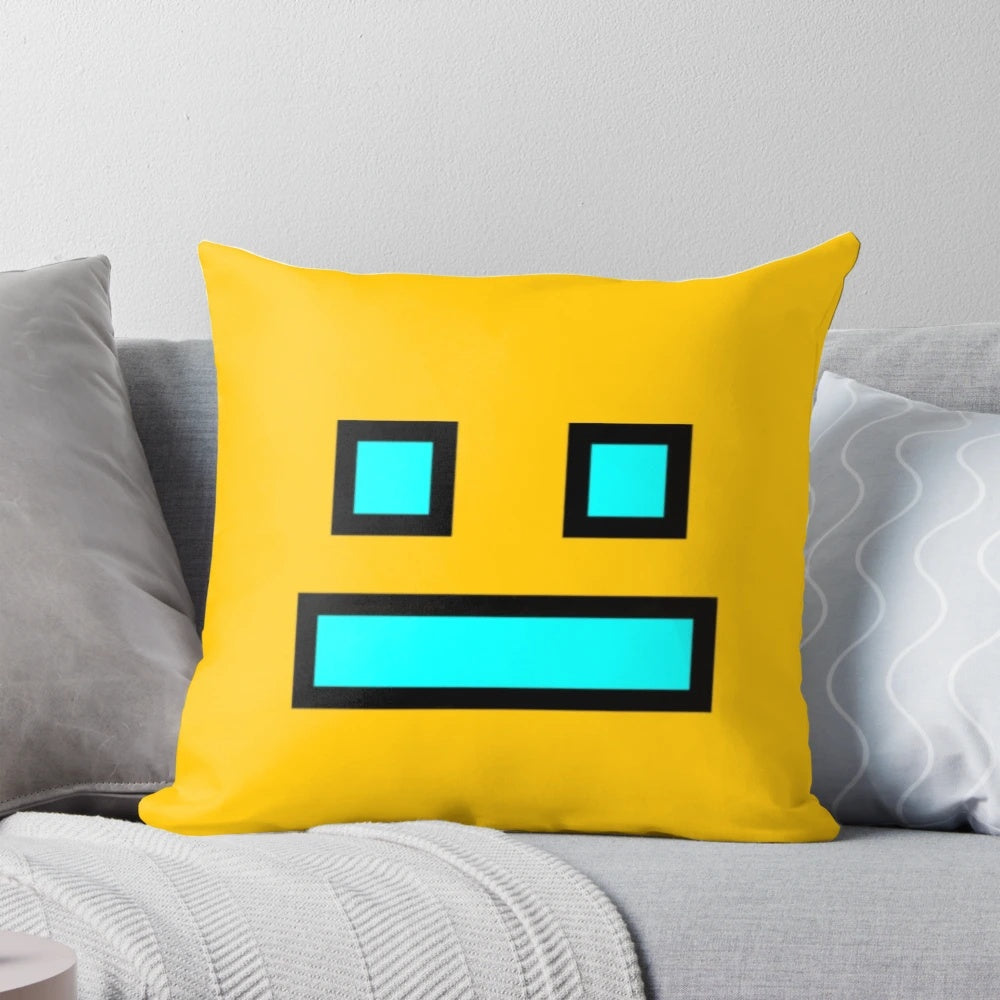 Geometry Dash-inspired decorative throw pillow with geometric patterns