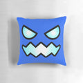 A blue square-shaped pillow with an angry geometric face, inspired by the popular video game Geometry Dash.