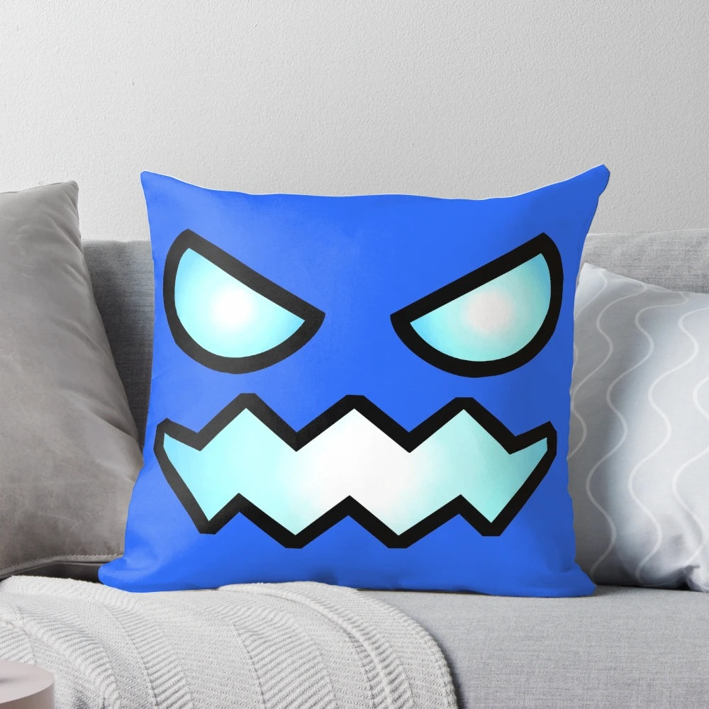 A blue square-shaped pillow with an angry geometric face, inspired by the popular video game Geometry Dash.