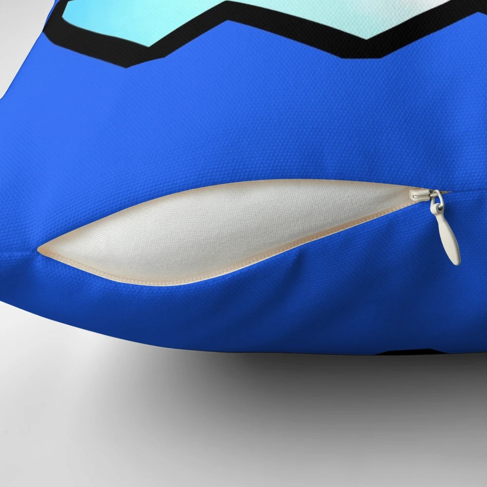 A blue square-shaped pillow with an angry geometric face, inspired by the popular video game Geometry Dash.