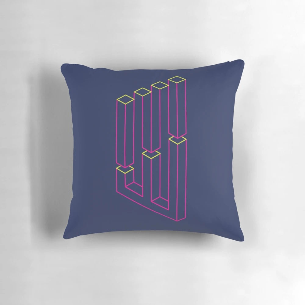 Vibrant green and pink "Impossible Shapes" geometric pillow with a 3D optical illusion design