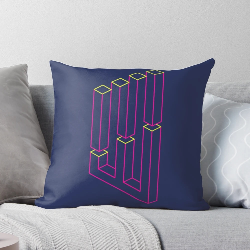 Vibrant green and pink "Impossible Shapes" geometric pillow with a 3D optical illusion design