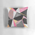 A soft, square pillow with a vibrant, geometric pink and white abstract pattern design.