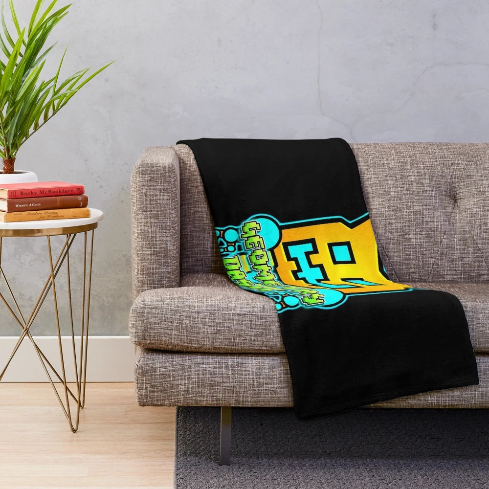 Geometry Dash themed plush blanket with geometric shapes and patterns