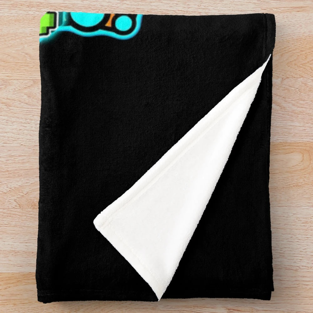 Geometry Dash themed plush blanket with geometric shapes and patterns
