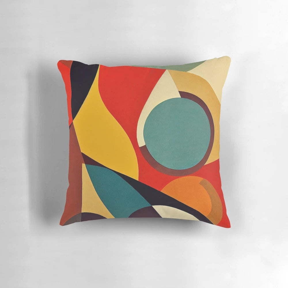 Geometric shapes mid century abstract art pillow with bold, colorful, retro design