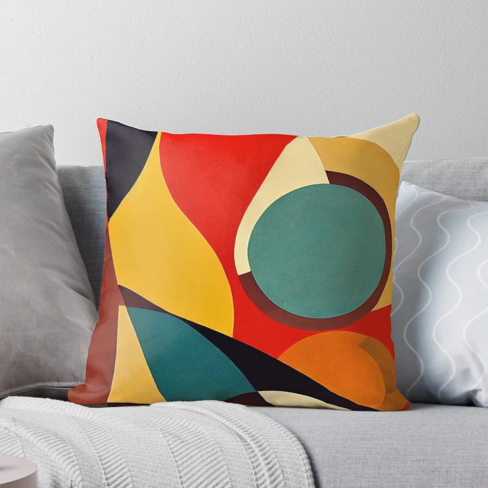 Geometric shapes mid century abstract art pillow with bold, colorful, retro design