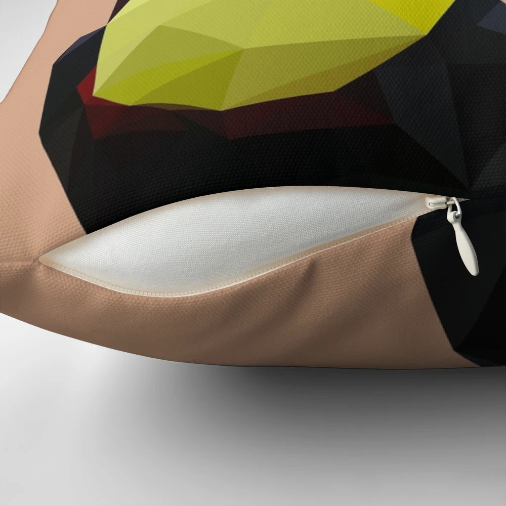 Decorative throw pillow featuring a geometric toucan design in shades of blue, yellow, and black.