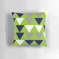Geometric triangles patterned pillow in navy blue, lime green, and grey colors
