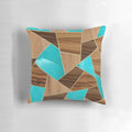 Geometric wood and turquoise stone throw pillow with abstract triangle pattern, perfect for modern and Scandinavian-inspired home decor.