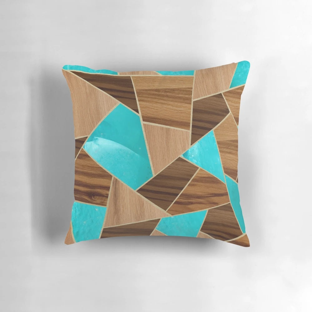 Geometric wood and turquoise stone throw pillow with abstract triangle pattern, perfect for modern and Scandinavian-inspired home decor.