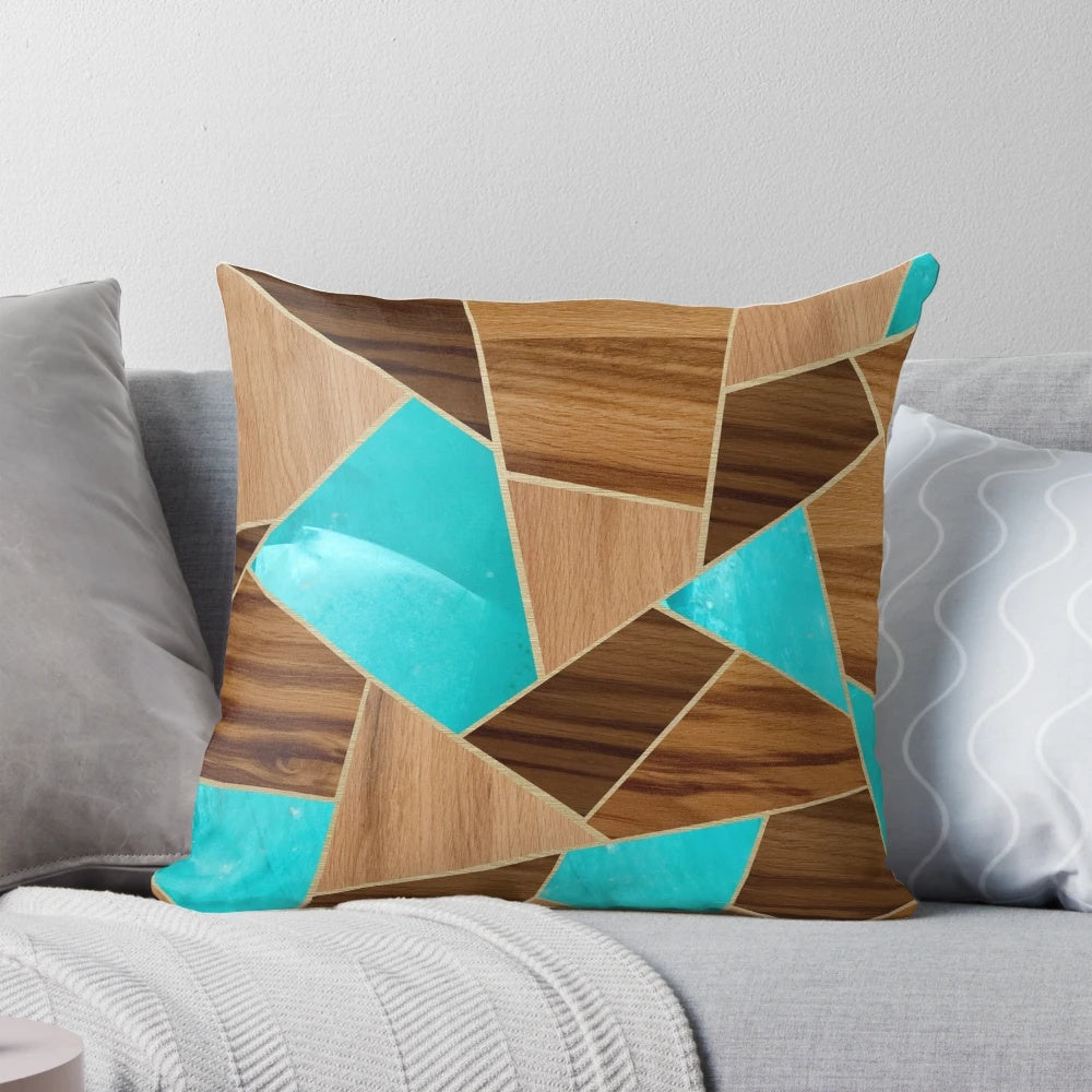 Geometric wood and turquoise stone throw pillow with abstract triangle pattern, perfect for modern and Scandinavian-inspired home decor.