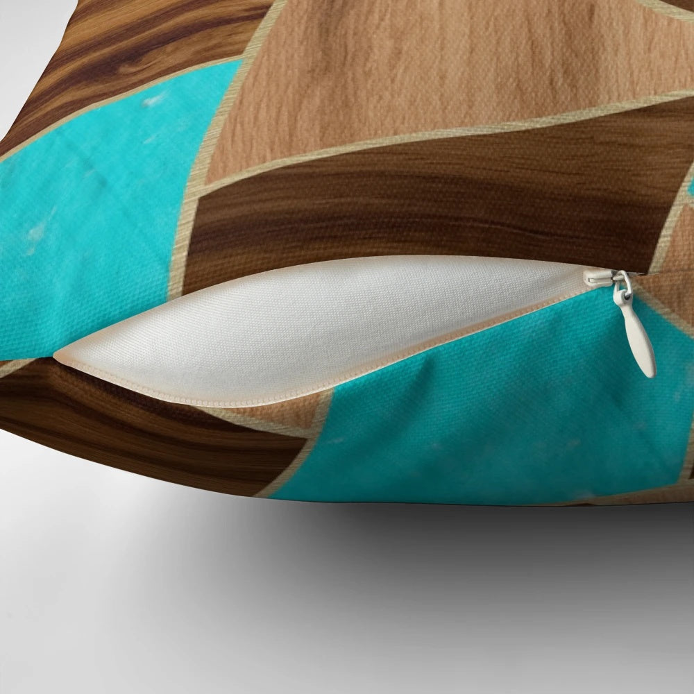 Geometric wood and turquoise stone throw pillow with abstract triangle pattern, perfect for modern and Scandinavian-inspired home decor.