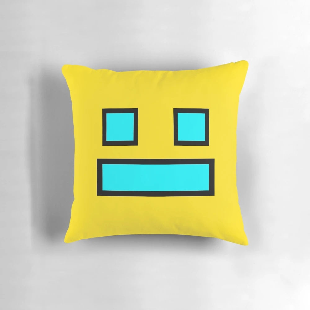 Geometry Dash inspired gaming pillow with a humorous design