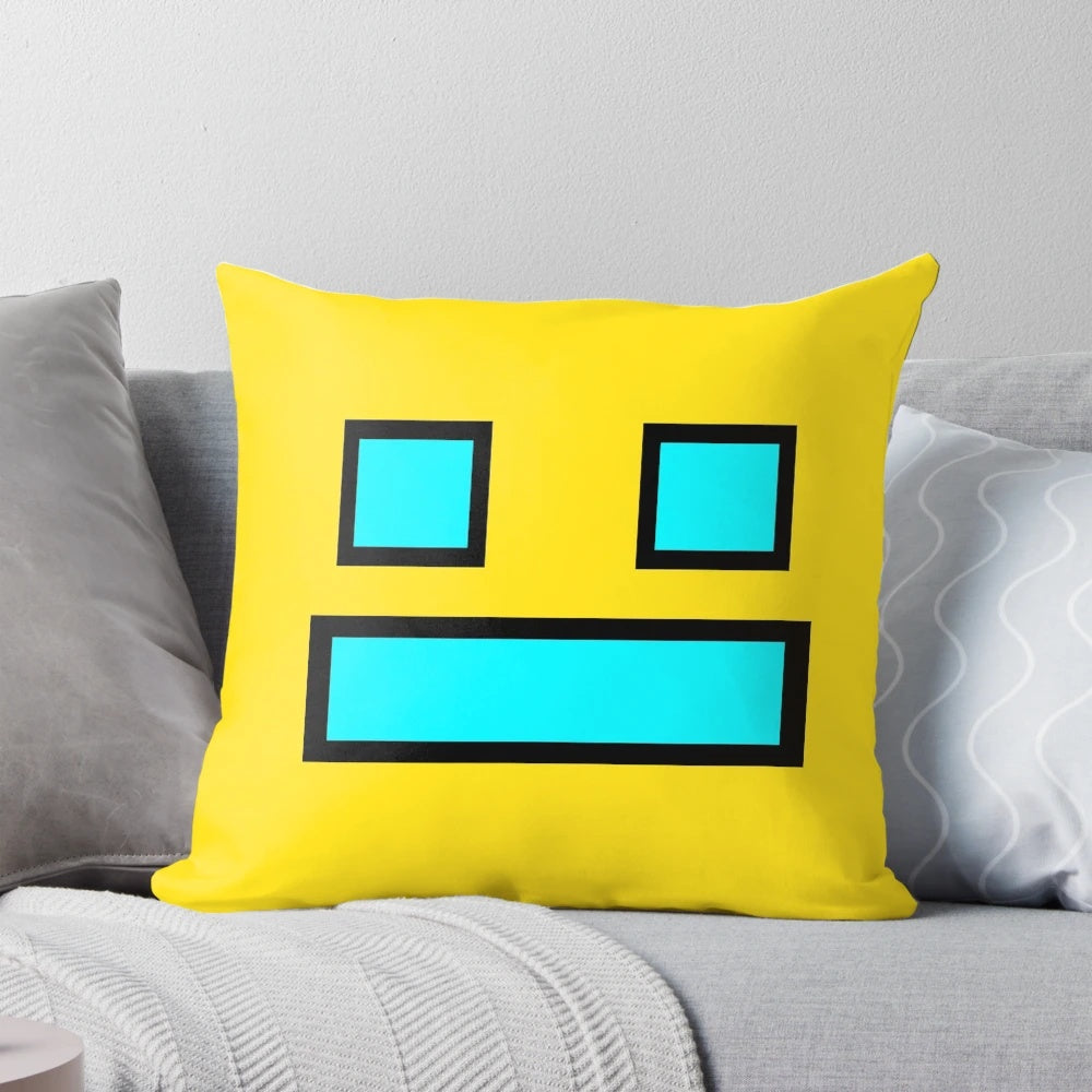 Geometry Dash inspired gaming pillow with a humorous design