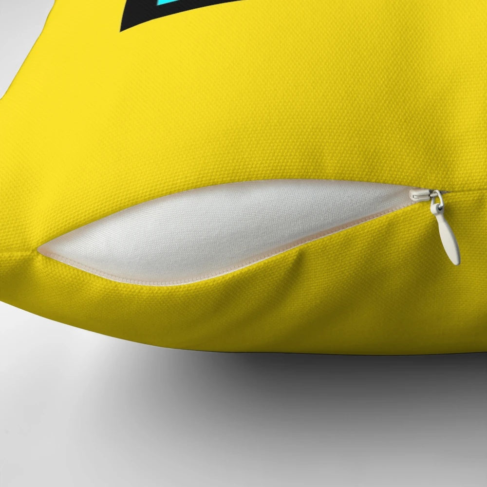 Geometry Dash inspired gaming pillow with a humorous design