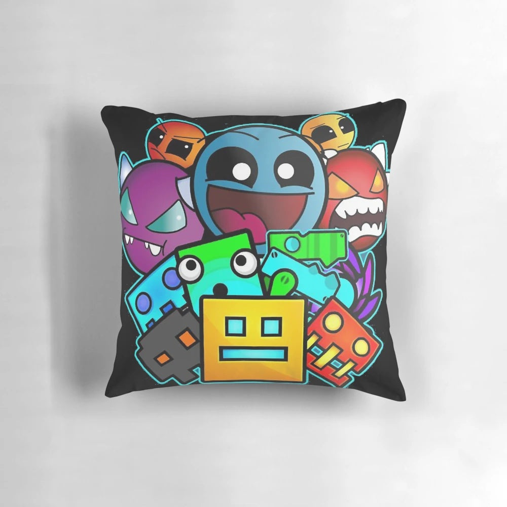 Geometric Dash-themed throw pillow with angular patterns and shapes