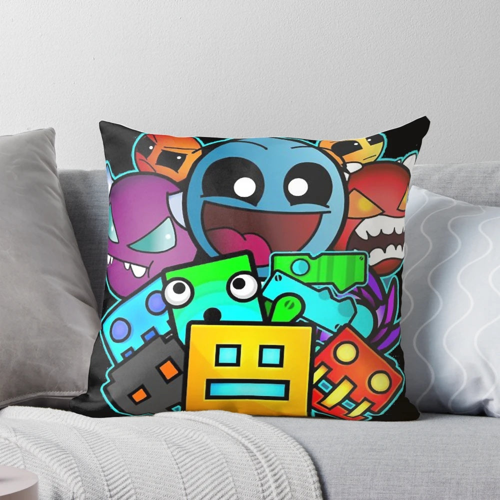 Geometric Dash-themed throw pillow with angular patterns and shapes