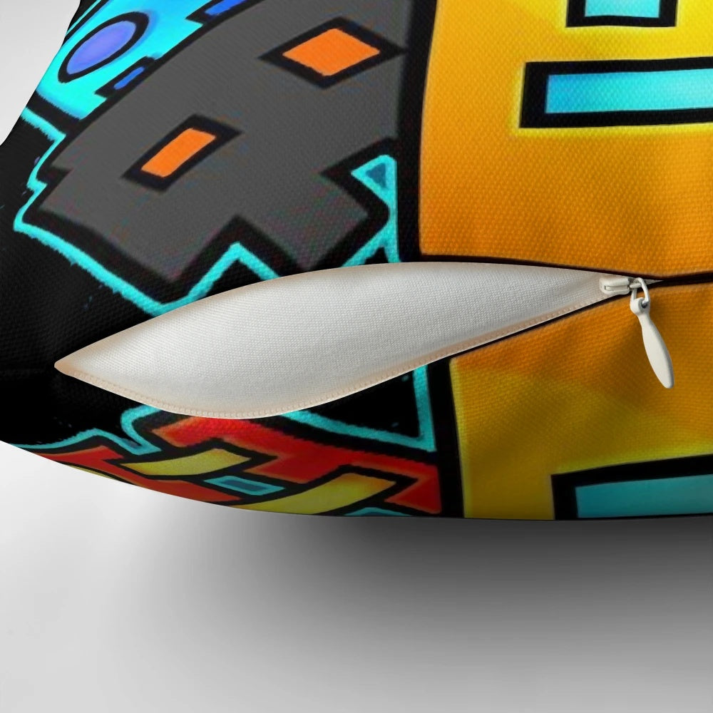 Geometric Dash-themed throw pillow with angular patterns and shapes