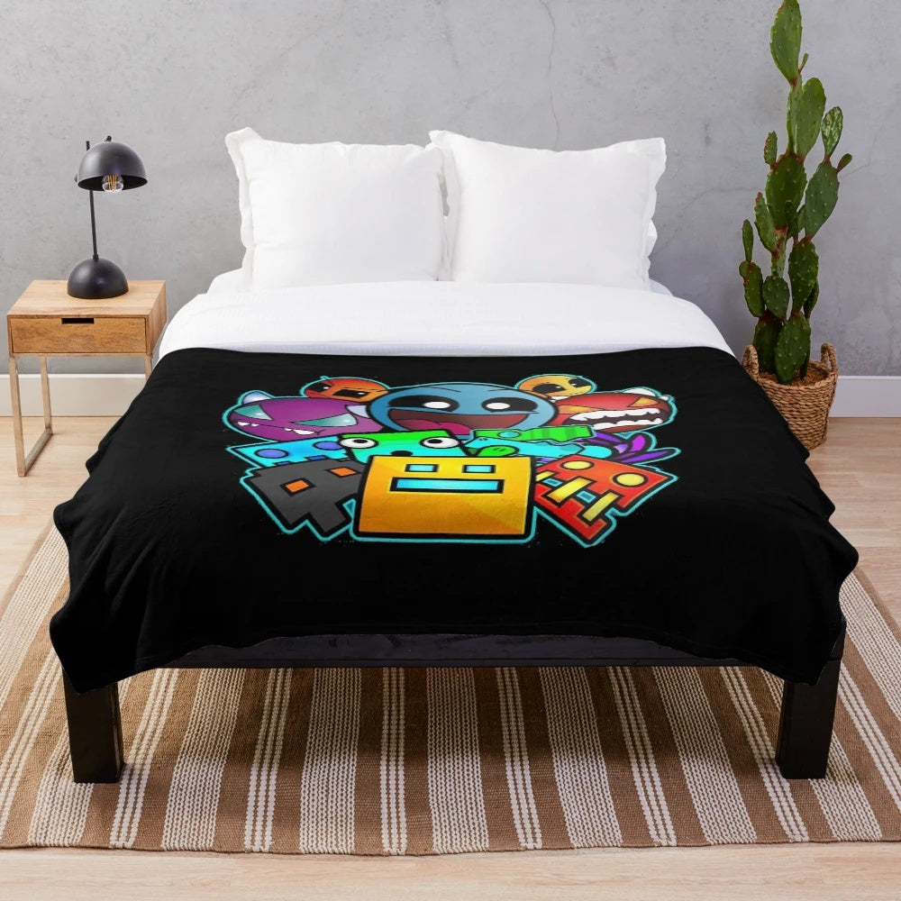 Geometry Dash-inspired plush blanket with geometric pattern