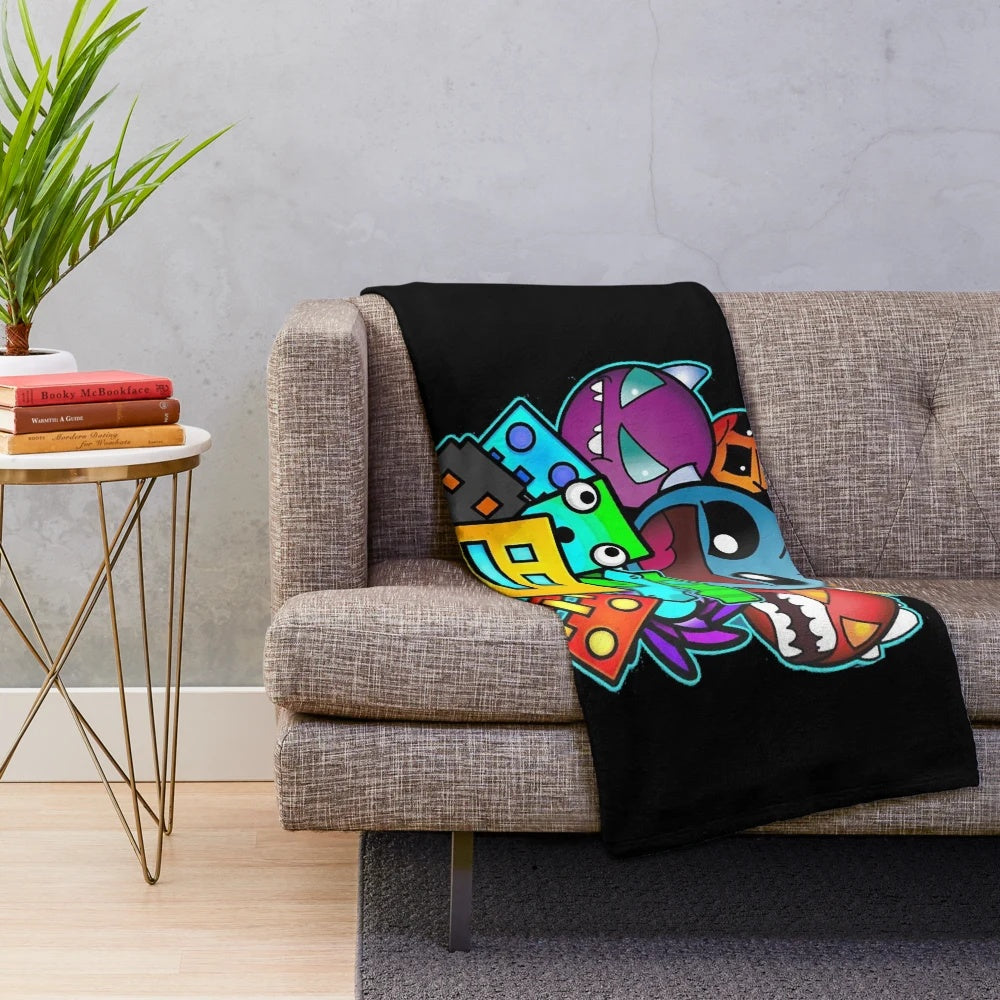 Geometry Dash-inspired plush blanket with geometric pattern