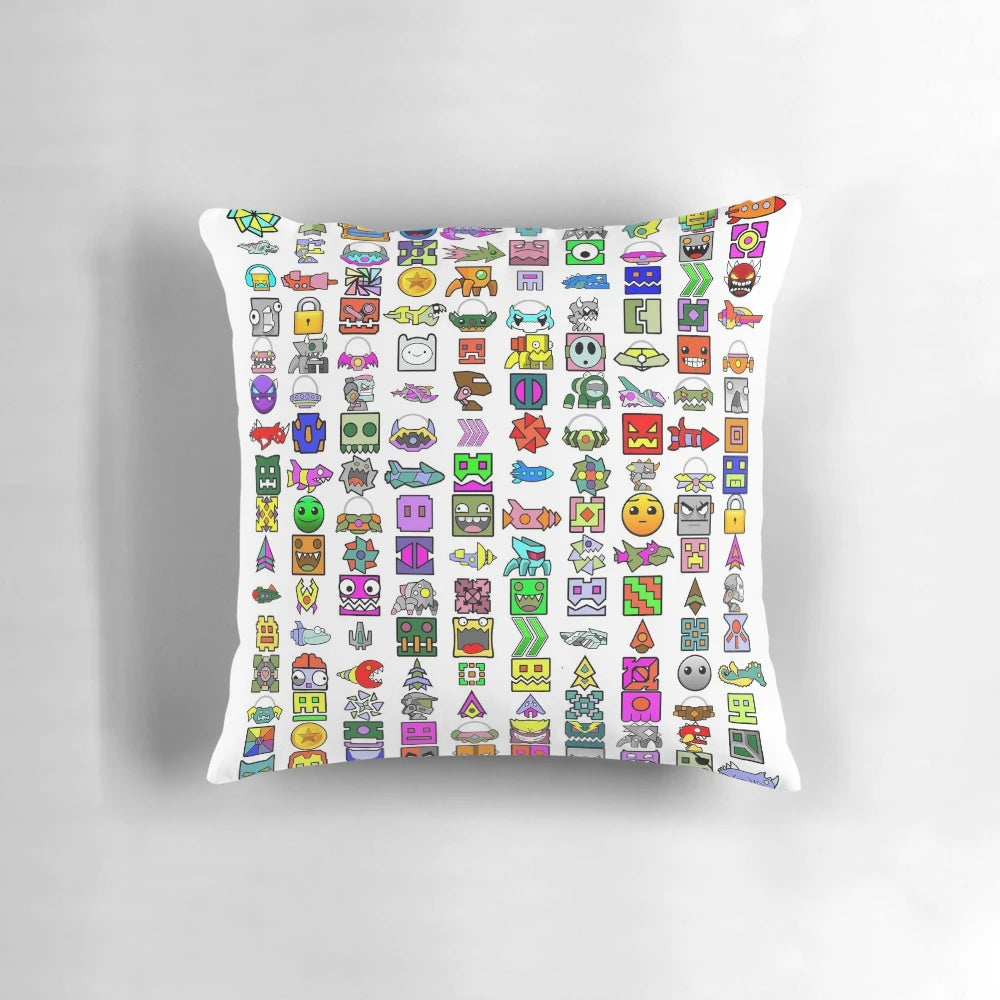 Geometry Dash inspired decorative pillow with unlocks design
