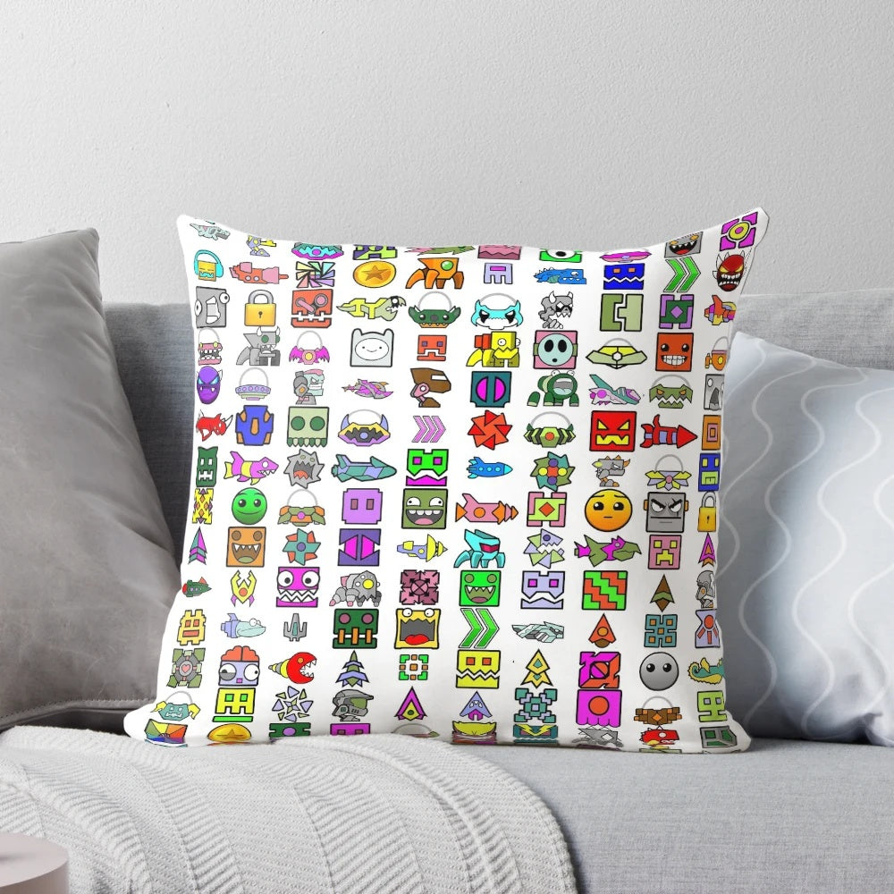 Geometry Dash inspired decorative pillow with unlocks design