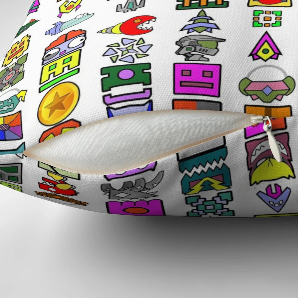 Geometry Dash inspired decorative pillow with unlocks design