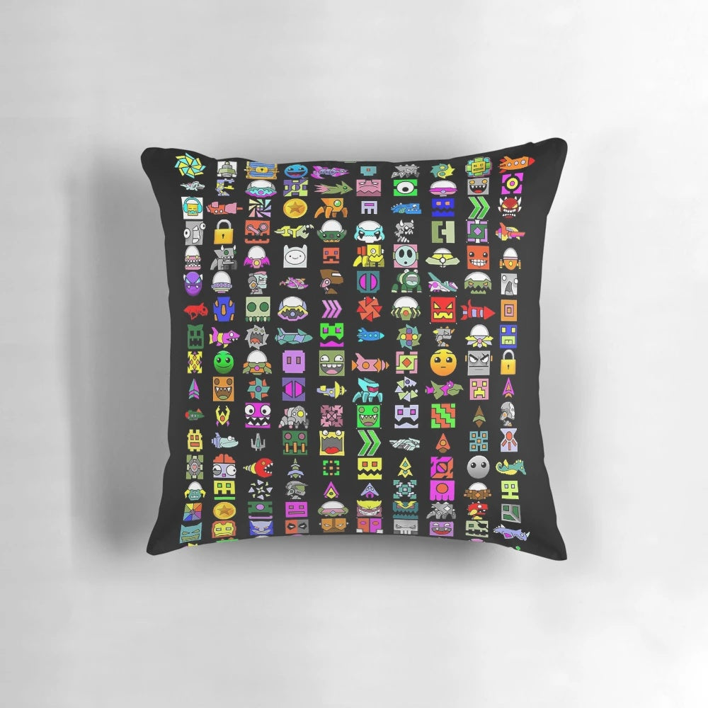 Geometry Dash themed pillow with iconic game graphics and geometric patterns