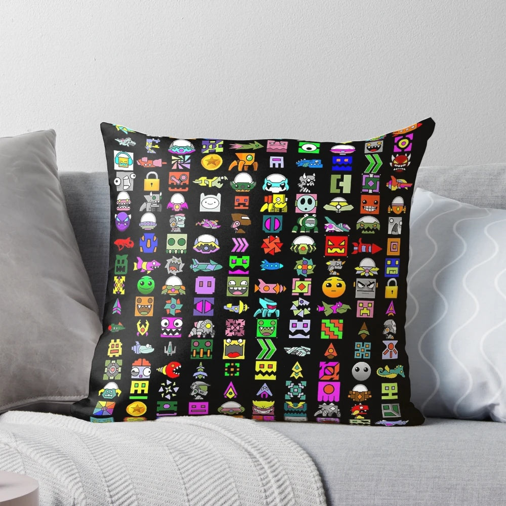Geometry Dash themed pillow with iconic game graphics and geometric patterns