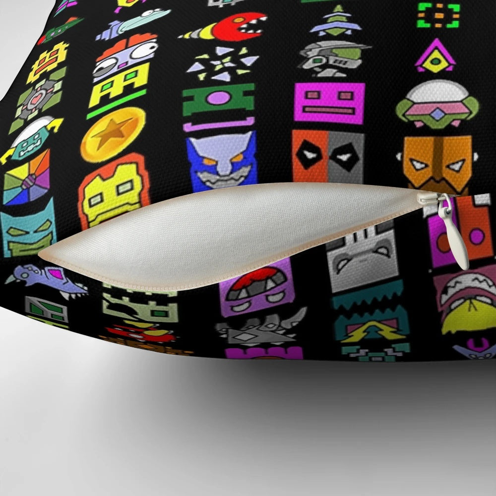 Geometry Dash themed pillow with iconic game graphics and geometric patterns