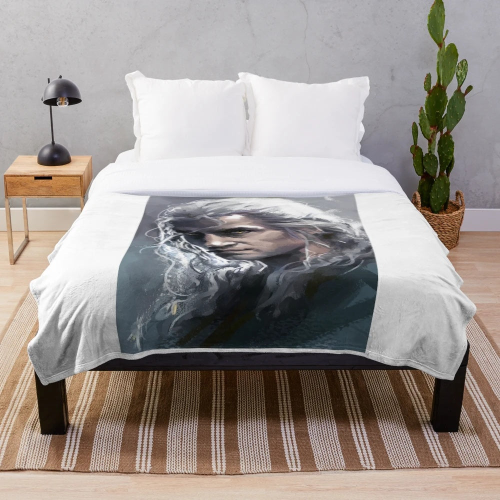 Geralt of Rivia inspired plush blanket with a portrait design