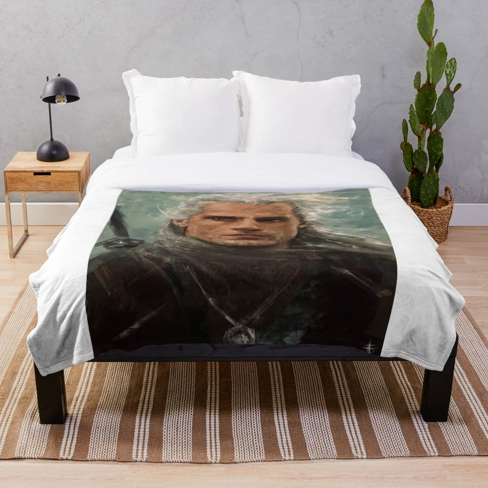 Plush blanket featuring Henry Cavill as Geralt of Rivia from the Witcher TV series