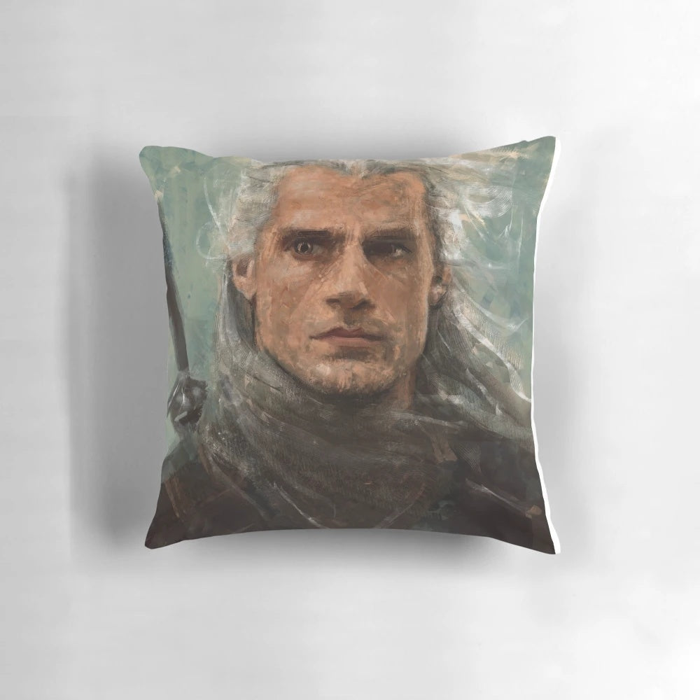 Soft, plush pillow featuring a portrait of Geralt of Rivia, the famous Witcher, played by actor Henry Cavill.