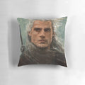 Soft, plush pillow featuring a portrait of Geralt of Rivia, the famous Witcher, played by actor Henry Cavill.
