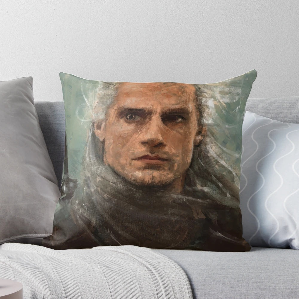 Soft, plush pillow featuring a portrait of Geralt of Rivia, the famous Witcher, played by actor Henry Cavill.