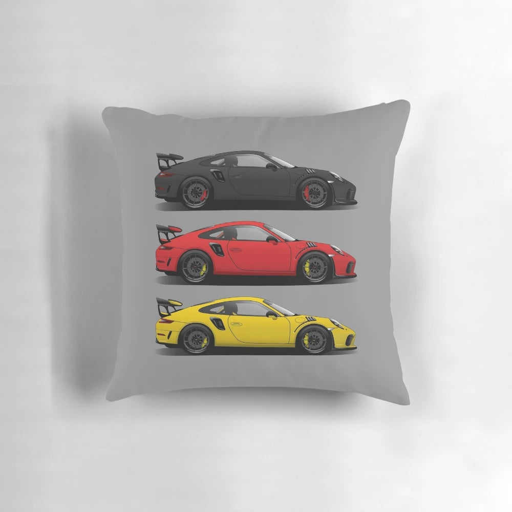 Plush pillow featuring the iconic Porsche GT3 RS in German flag colors