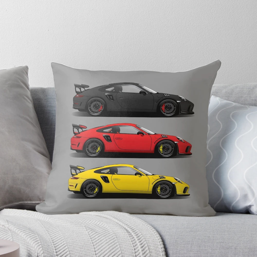 Plush pillow featuring the iconic Porsche GT3 RS in German flag colors