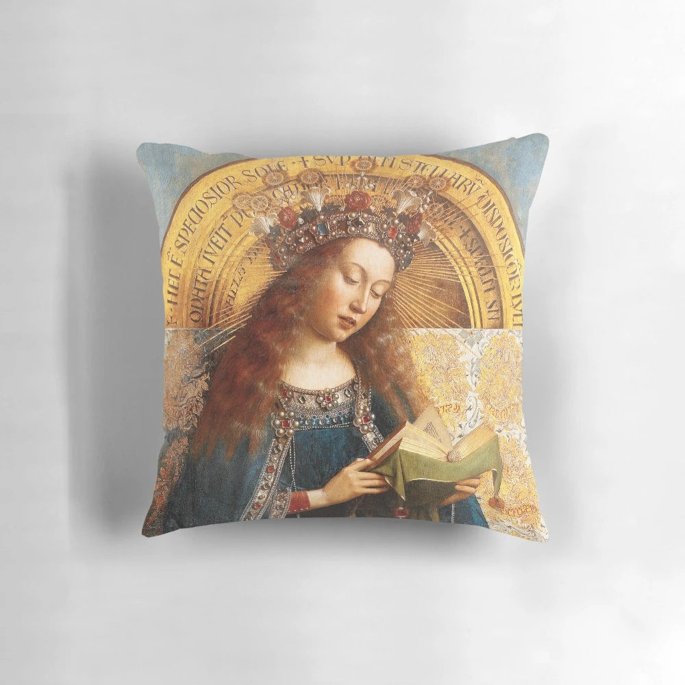 Pillow featuring the detail of the Virgin Mary from the Ghent Altarpiece, a masterpiece of Early Netherlandish painting by Jan van Eyck.