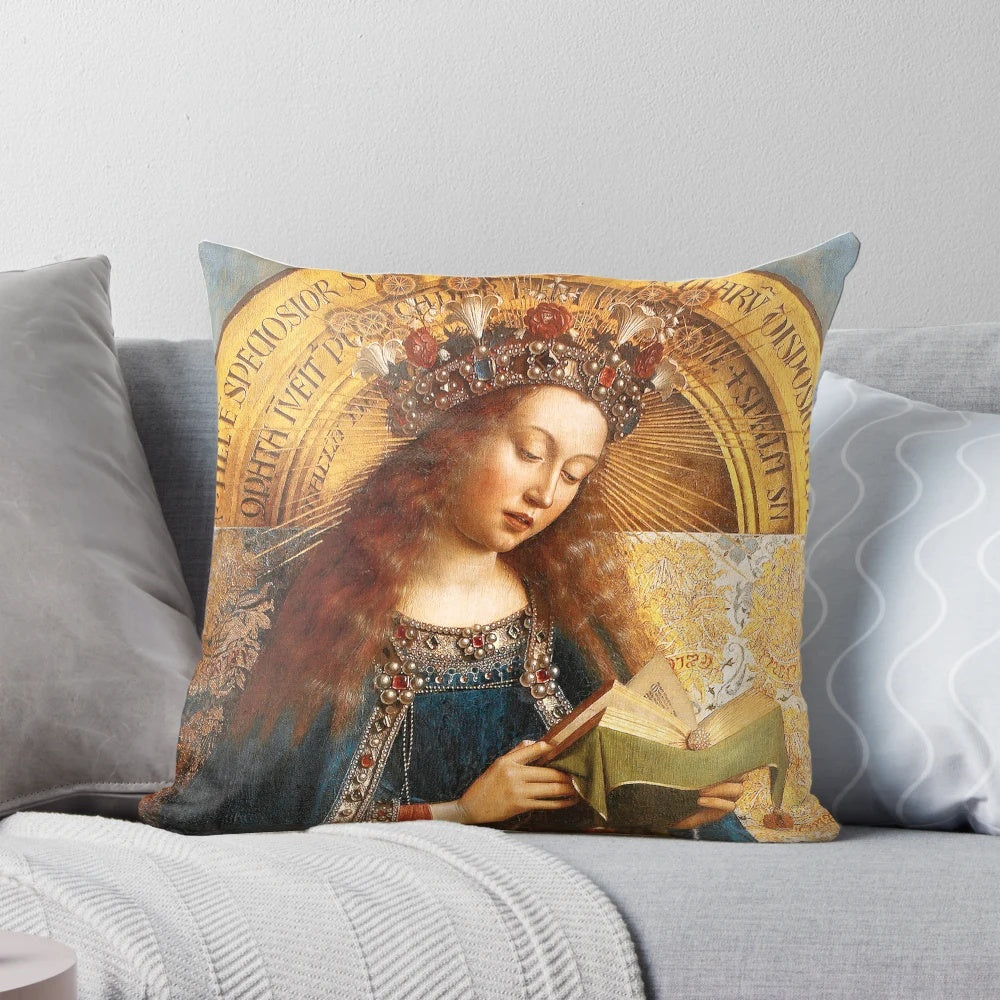 Pillow featuring the detail of the Virgin Mary from the Ghent Altarpiece, a masterpiece of Early Netherlandish painting by Jan van Eyck.
