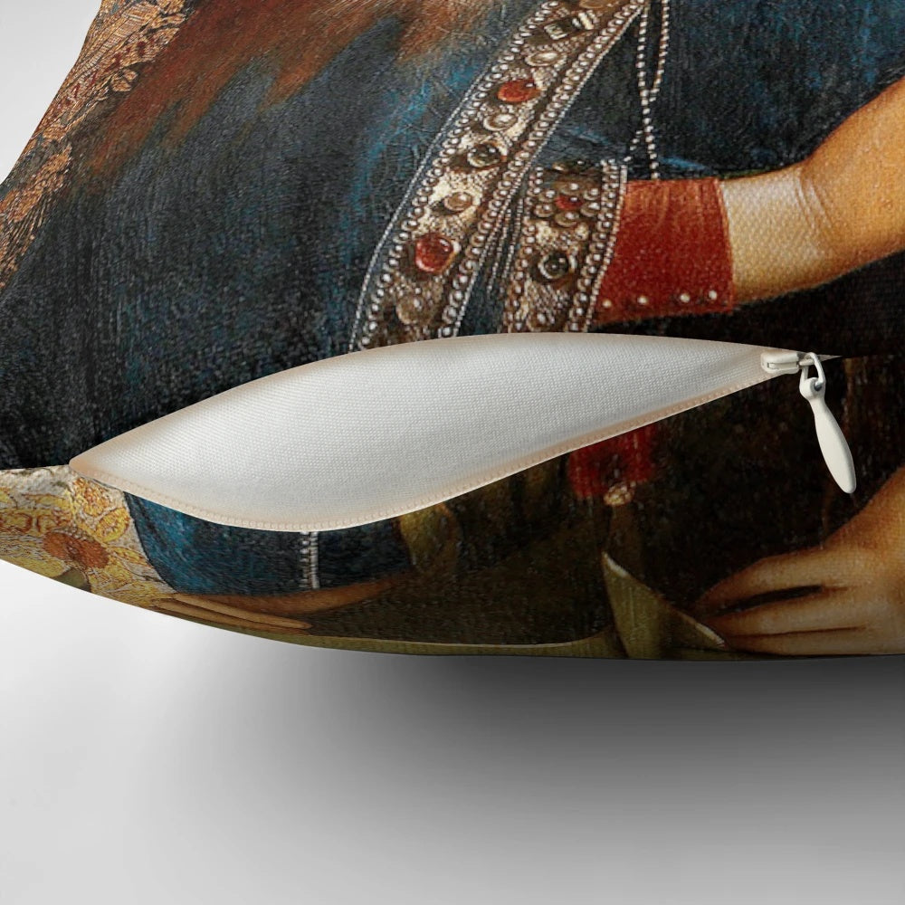 Pillow featuring the detail of the Virgin Mary from the Ghent Altarpiece, a masterpiece of Early Netherlandish painting by Jan van Eyck.