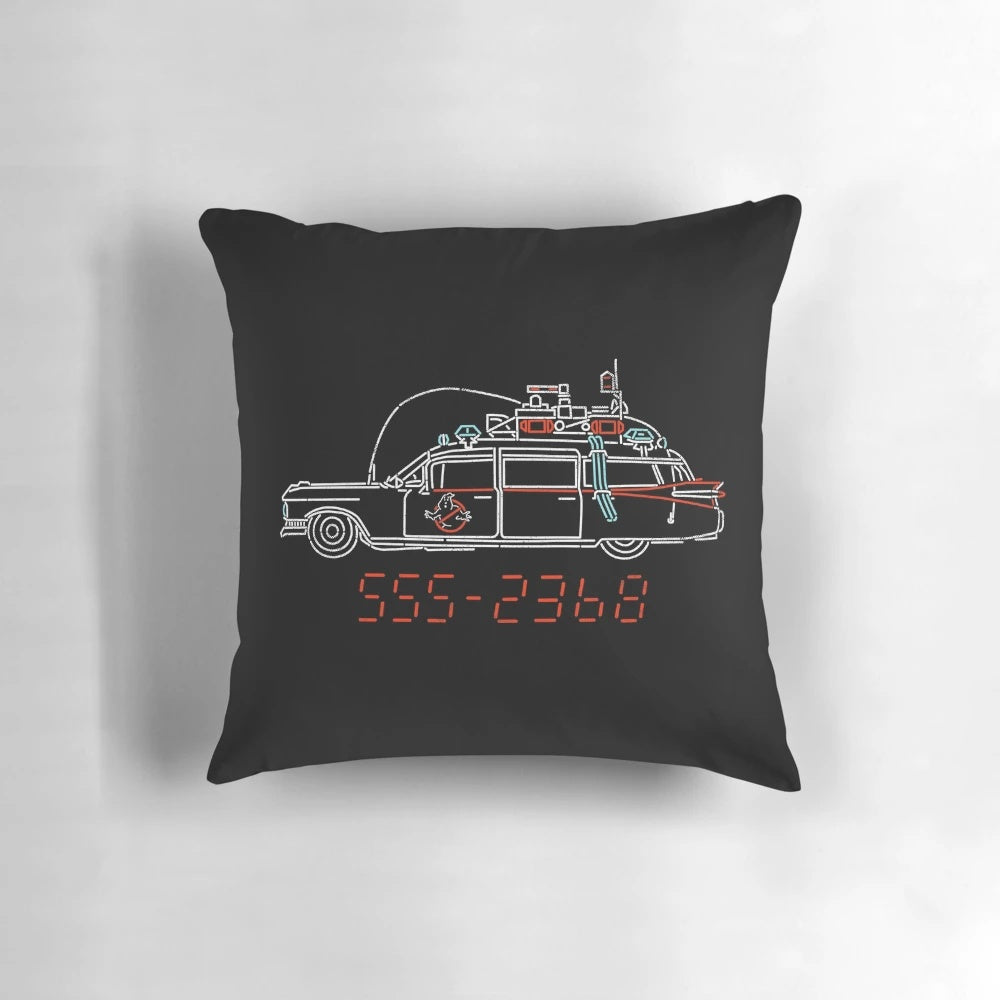 Ghostbusters-themed neon car pillow with ghosts, Slimer, and Stay Puft Marshmallow Man