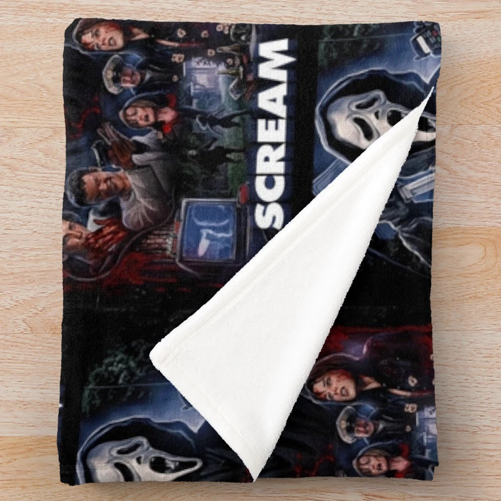Ghostface horror movie art printed on a soft plush blanket