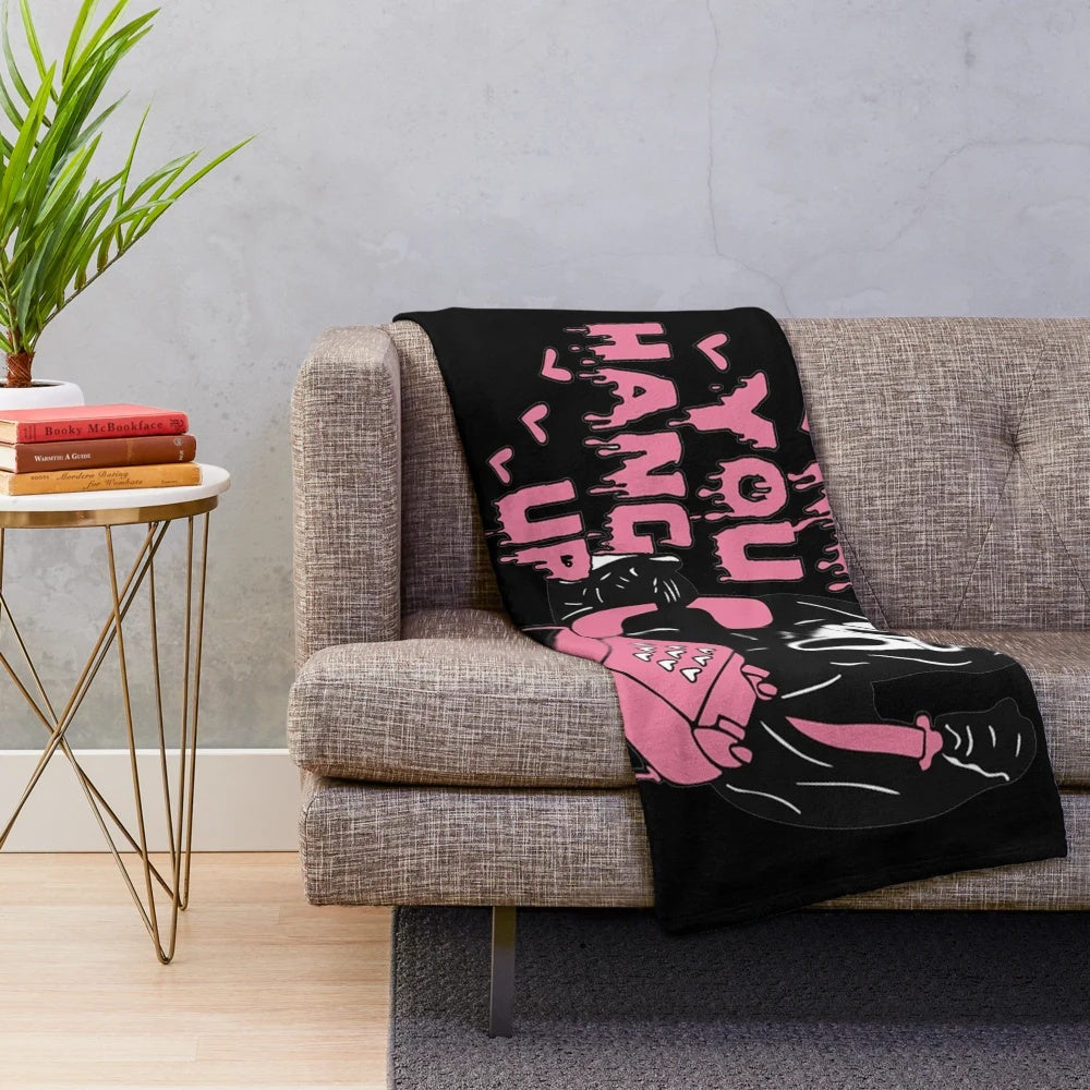 Ghostface inspired plush blanket with "No you hang up" design for horror and Scream fans