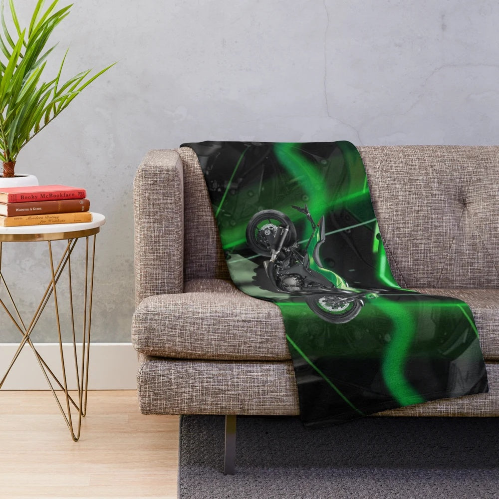 Ghostly Kawasaki Motorcycle-Inspired Plush Blanket