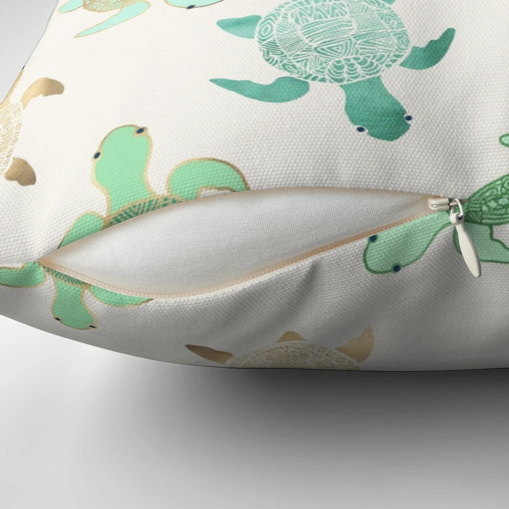 Decorative throw pillow featuring gilded jade and mint turtles, perfect for coastal home decor